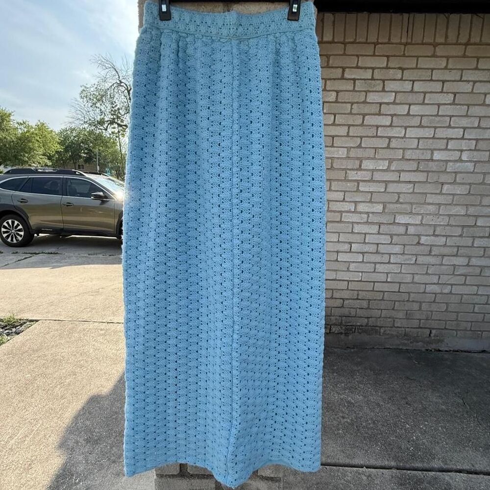 Retro 70s Vintage Blue Knit High Waisted Maxi Skirt